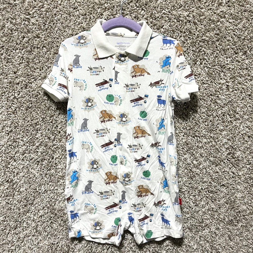 Magnetic Me Romper Baby Boys 18-24M White Dog Days of the Week Short Sleeve Polo
